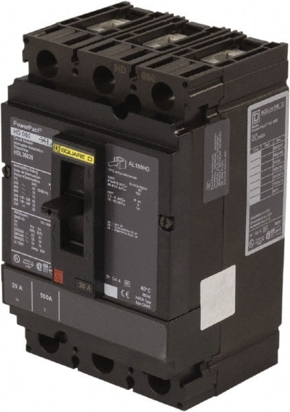 Square D - 20 Amp, 250 VDC, 600 VAC, 3 Pole, Panel Mount Molded Case Circuit Breaker - Thermal Magnetic Trip, 14-3/0 AWG, 87.4mm Deep x 162.6mm High x 104.7mm Wide - Exact Tooling