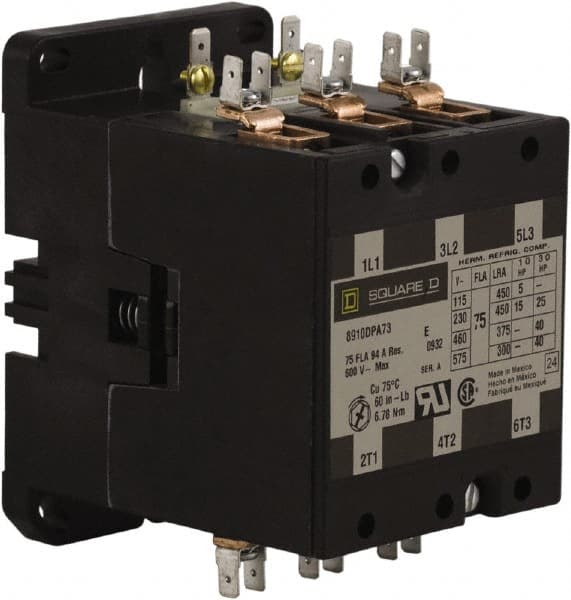 Square D - 3 Pole, 75 Amp Inductive Load, 24 Coil VAC at 50/60 Hz, Definite Purpose Contactor - Phase 1 and Phase 3 Hp:  15 at 230 VAC, 25 at 230 VAC, 40 at 460 VAC, 40 at 575 VAC, 5 at 115 VAC, 94 Amp Resistive Rating, CE, CSA, UL Listed - Exact Tooling