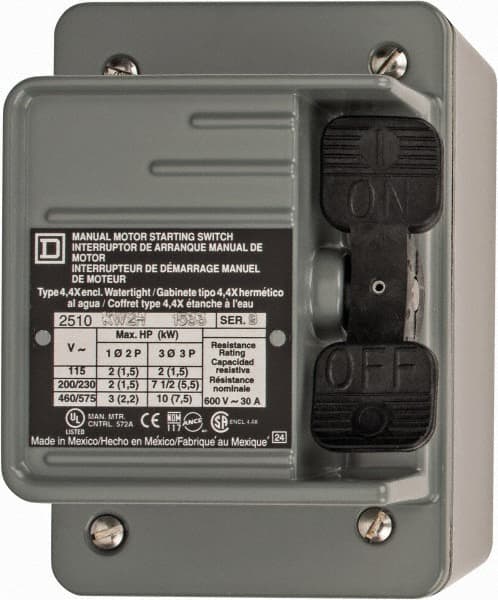 Square D - 3 Poles, 30 Amp, NEMA, Enclosed Toggle Manual Motor Starter - 1 hp at 90 VDC, 10 hp at 460 VAC, 10 hp at 575 VAC, 1-1/2 hp at 230 VDC, 2 hp at 115 VAC, 2 hp at 115 VDC & 7-1/2 hp at 230 VAC, CE, CSA, NEMA 4 & UL Listed - Exact Tooling