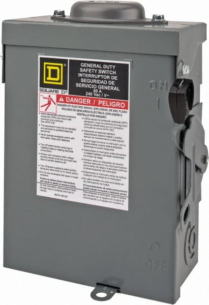 Square D - 60 Amp, 240 V, 3 Pole Nonfused Safety Switch - NEMA 3R, 10 hp at 240 VAC (Single Phase), 15 hp at 240 VAC (Triple Phase), 3PST Contact Form - Exact Tooling