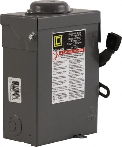 Square D - 30 Amp, 240 V, 3 Pole Fused Safety Switch - NEMA 3R, 3 hp at 240 VAC (Single Phase), 7.5 hp at 240 VAC (Triple Phase), 3PST Contact Form - Exact Tooling