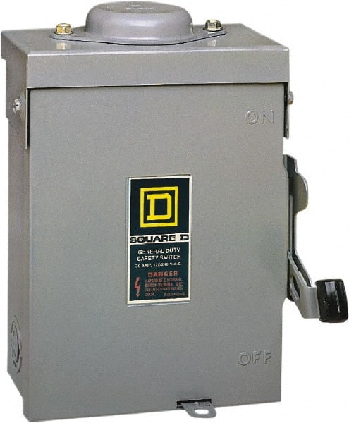 Square D - 30 Amp, 240 V, 2 Pole Fused Safety Switch - NEMA 3R, 3 hp at 240 VAC (Single Phase), 7.5 hp at 240 VAC (Triple Phase), DPST Contact Form - Exact Tooling