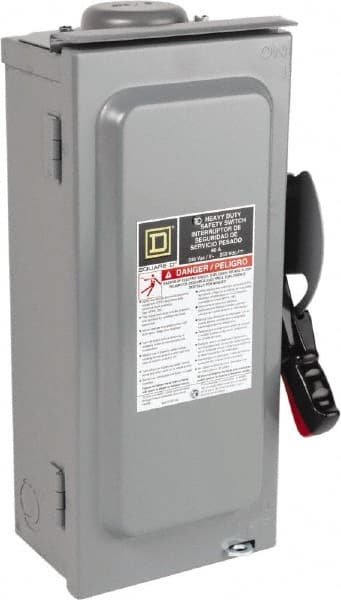 Square D - 60 Amp, 240 VAC, 250 VDC, 3 Pole Fused Safety Switch - NEMA 3R, 10 hp at 240 VAC, 10 hp at 250 VDC (Single Phase), 15 hp at 240 VAC, 10 hp at 250 VDC (Triple Phase), 3PST Contact Form - Exact Tooling