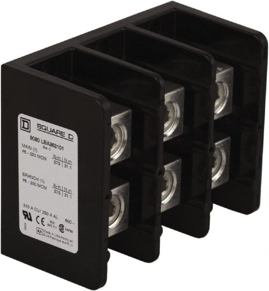 Square D - 3 Poles, 250 (Aluminium), 310 (Copper) Amp, Phenolic Power Distribution Block - 600 VAC, 1 Primary Connection - Exact Tooling