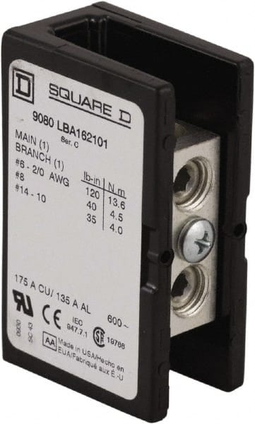 Square D - 3 Poles, 135 (Aluminium), 175 (Copper) Amp, Phenolic Power Distribution Block - 600 VAC, 1 Primary Connection - Exact Tooling