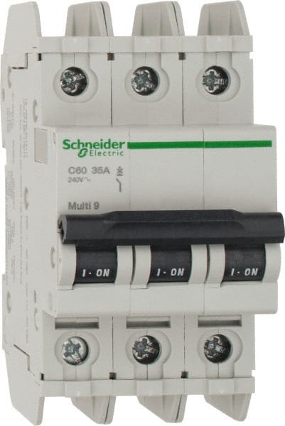 Schneider Electric - 35 Amp, 125 VDC, 240 VAC, 60 VDC, 3 Pole, DIN Rail Mount, Fixed Mount Miniature Circuit Breaker - Thermal Magnetic Trip, Multiple Breaking Capacity Ratings, 73mm Deep x 107mm High x 54mm Wide - Exact Tooling