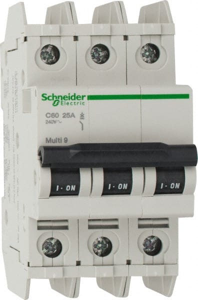 Schneider Electric - 25 Amp, 125 VDC, 240 VAC, 60 VDC, 3 Pole, DIN Rail Mount, Fixed Mount Miniature Circuit Breaker - Thermal Magnetic Trip, Multiple Breaking Capacity Ratings, 73mm Deep x 107mm High x 54mm Wide - Exact Tooling