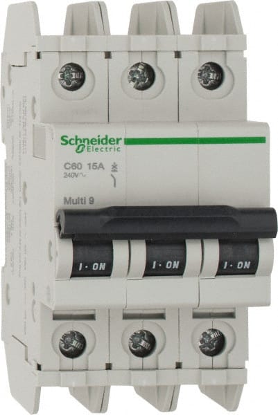 Schneider Electric - 15 Amp, 125 VDC, 240 VAC, 60 VDC, 3 Pole, DIN Rail Mount, Fixed Mount Miniature Circuit Breaker - Thermal Magnetic Trip, Multiple Breaking Capacity Ratings, 73mm Deep x 107mm High x 54mm Wide - Exact Tooling