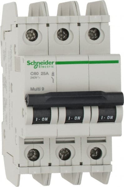 Schneider Electric - 25 Amp, 125 VDC, 240 VAC, 60 VDC, 3 Pole, DIN Rail Mount, Fixed Mount Miniature Circuit Breaker - Thermal Magnetic Trip, Multiple Breaking Capacity Ratings, 73mm Deep x 107mm High x 54mm Wide - Exact Tooling