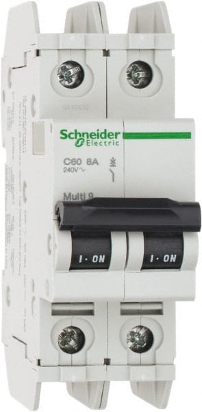 Schneider Electric - 8 Amp, 125 VDC, 240 VAC, 60 VDC, 1 Pole, DIN Rail Mount, Fixed Mount Miniature Circuit Breaker - Thermal Magnetic Trip, Multiple Breaking Capacity Ratings, 73mm Deep x 107mm High x 36mm Wide - Exact Tooling