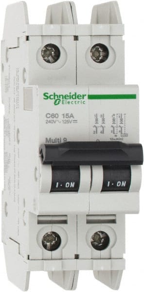Schneider Electric - 15 Amp, 125 VDC, 240 VAC, 60 VDC, 1 Pole, DIN Rail Mount, Fixed Mount Miniature Circuit Breaker - Thermal Magnetic Trip, Multiple Breaking Capacity Ratings, 73mm Deep x 107mm High x 36mm Wide - Exact Tooling