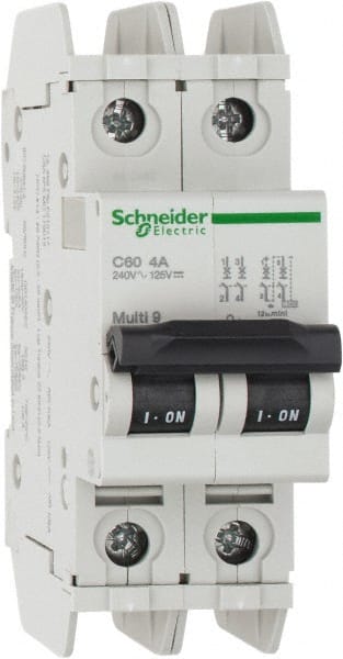 Schneider Electric - 4 Amp, 125 VDC, 240 VAC, 60 VDC, 1 Pole, DIN Rail Mount, Fixed Mount Miniature Circuit Breaker - Thermal Magnetic Trip, Multiple Breaking Capacity Ratings, 73mm Deep x 107mm High x 36mm Wide - Exact Tooling