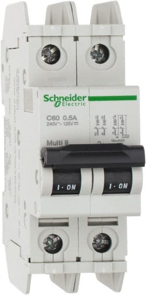 Schneider Electric - 0.50 Amp, 125 VDC, 240 VAC, 60 VDC, 1 Pole, DIN Rail Mount, Fixed Mount Miniature Circuit Breaker - Thermal Magnetic Trip, Multiple Breaking Capacity Ratings, 73mm Deep x 107mm High x 36mm Wide - Exact Tooling