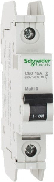 Schneider Electric - 15 Amp, 125 VDC, 240 VAC, 60 VDC, 1 Pole, DIN Rail Mount, Fixed Mount Miniature Circuit Breaker - Thermal Magnetic Trip, 10 kA at 277 VAC Breaking Capacity, 73mm Deep x 81mm High x 18mm Wide - Exact Tooling