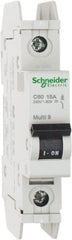 Schneider Electric - 15 Amp, 125 VDC, 240 VAC, 60 VDC, 1 Pole, DIN Rail Mount, Fixed Mount Miniature Circuit Breaker - Thermal Magnetic Trip, 10 kA at 277 VAC Breaking Capacity, 73mm Deep x 81mm High x 18mm Wide - Exact Tooling