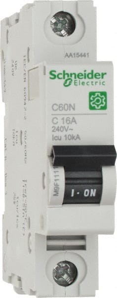 Schneider Electric - 16 Amp, 440 VAC, 1 Pole, DIN Rail Mounted Miniature Circuit Breaker - Magnetic Trip, Multiple Breaking Capacity Ratings, 18-4 AWG, 76mm Deep x 81mm High x 18mm Wide - Exact Tooling