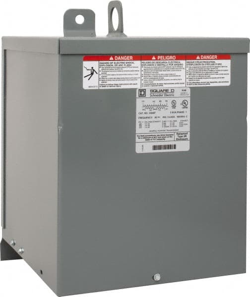 Square D - 1 Phase, 480 Volt Input, 120/240 VAC Output, 60 Hz, 5 kVA, General Purpose Transformer - 3R NEMA Rating, 9.75 Inch Wide x 11-3/4 Inch Deep x 14-3/4 Inch High, Wall Mount - Exact Tooling