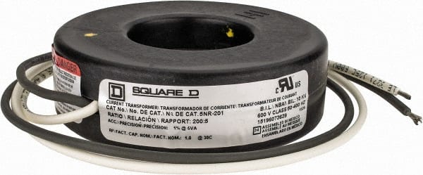 Square D - 200 Amp AC Input, 5 Amp AC Output, Panel Meter Current Transformer - Flying Lead Terminal, For Use with Ammeter, Solid State Transducer - Exact Tooling