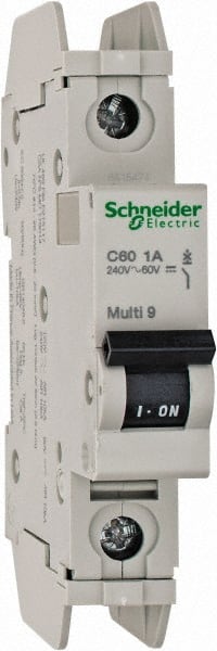Schneider Electric - 1 Amp, 125 VDC, 240 VAC, 60 VDC, 1 Pole, DIN Rail Mount, Fixed Mount Miniature Circuit Breaker - Thermal Magnetic Trip, 10 kA at 277 VAC Breaking Capacity, 73mm Deep x 107mm High x 18mm Wide - Exact Tooling