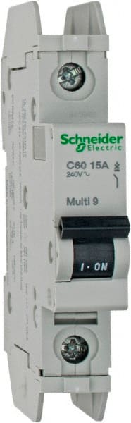 Schneider Electric - 15 Amp, 125 VDC, 240 VAC, 60 VDC, 1 Pole, DIN Rail Mount, Fixed Mount Miniature Circuit Breaker - Thermal Magnetic Trip, Multiple Breaking Capacity Ratings, 73mm Deep x 107mm High x 18mm Wide - Exact Tooling