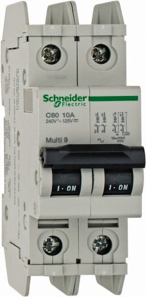 Schneider Electric - 10 Amp, 125 VDC, 240 VAC, 60 VDC, 1 Pole, DIN Rail Mount, Fixed Mount Miniature Circuit Breaker - Thermal Magnetic Trip, Multiple Breaking Capacity Ratings, 73mm Deep x 107mm High x 36mm Wide - Exact Tooling