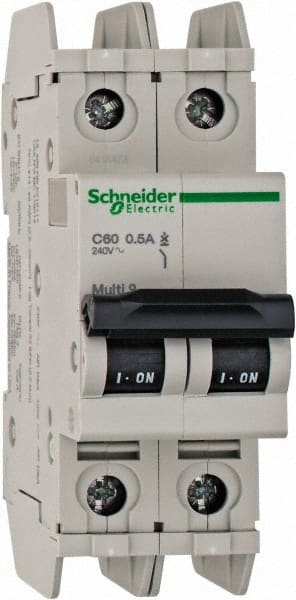 Schneider Electric - 0.50 Amp, 125 VDC, 240 VAC, 60 VDC, 1 Pole, DIN Rail Mount, Fixed Mount Miniature Circuit Breaker - Thermal Magnetic Trip, Multiple Breaking Capacity Ratings, 73mm Deep x 107mm High x 36mm Wide - Exact Tooling