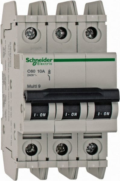 Schneider Electric - 10 Amp, 125 VDC, 240 VAC, 60 VDC, 3 Pole, DIN Rail Mount, Fixed Mount Miniature Circuit Breaker - Thermal Magnetic Trip, Multiple Breaking Capacity Ratings, 73mm Deep x 107mm High x 54mm Wide - Exact Tooling