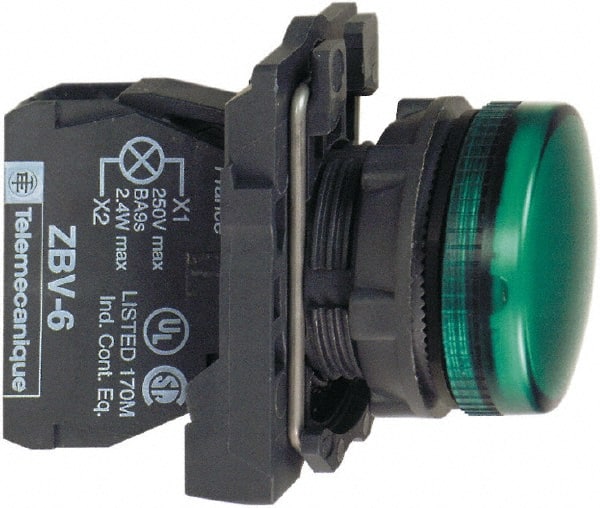 Schneider Electric - 110-120 VAC at 50/60 Hz Green Lens LED Pilot Light - Round Lens, Screw Clamp Connector, 30mm Wide, Vibration Resistant, Water Resistant - Exact Tooling