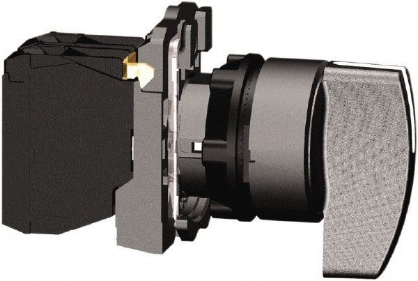 Schneider Electric - 22mm Mount Hole, 3 Position, Handle Operated, Selector Switch with Contact Blocks - Black, Momentary (MO), 2NO, Shock, Vibration and Water Resistant - Exact Tooling