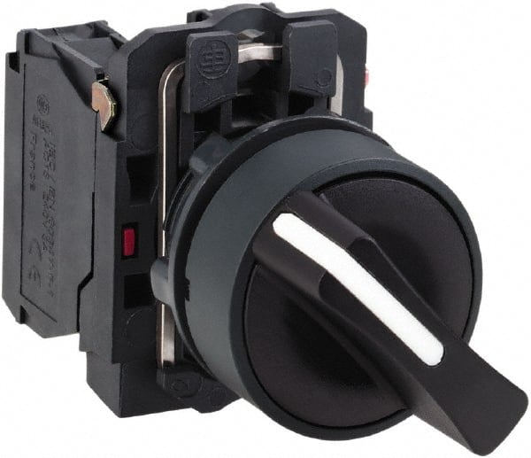 Schneider Electric - 22mm Mount Hole, 3 Position, Handle Operated, Selector Switch with Contact Blocks - Black, Momentary (MO), 2NO, Shock, Vibration and Water Resistant - Exact Tooling