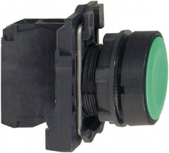 Schneider Electric - 22mm Mount Hole, Flush, Pushbutton Switch with Contact Block - Round, Green Pushbutton, Momentary (MO) - Exact Tooling
