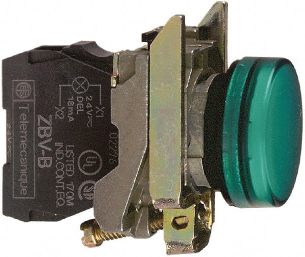 Schneider Electric - 250 V Green Lens Pilot Light - Round Lens, Screw Clamp Connector, 30mm Wide, Vibration Resistant, Water Resistant - Exact Tooling