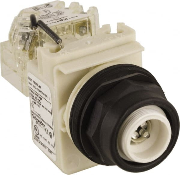 Schneider Electric - 120 V White Lens LED Pilot Light - Round Lens, Screw Clamp Connector, 54mm OAL x 42mm Wide, Vibration Resistant - Exact Tooling