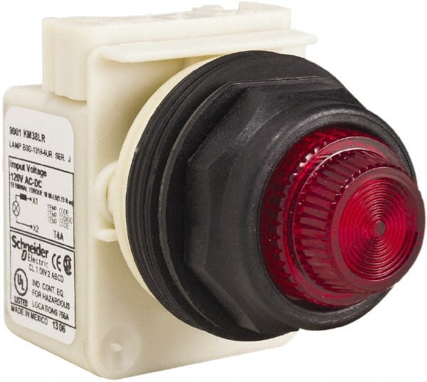 Schneider Electric - 120 V Red Lens LED Indicating Light - Round Lens, Screw Clamp Connector, Corrosion Resistant, Dust Resistant, Oil Resistant - Exact Tooling
