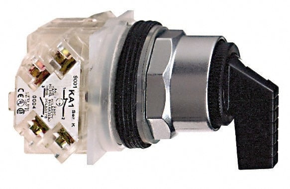Schneider Electric - 1.18 Inch Mount Hole, 3 Position, Knob and Pushbutton Operated, Selector Switch - Black, Momentary (MO), 2NO/2NC, Weatherproof and Dust and Oil Resistant - Exact Tooling