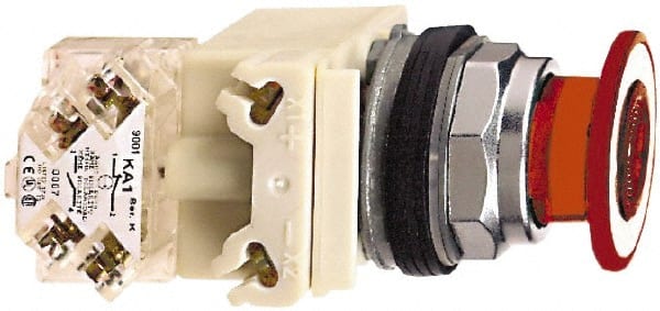Schneider Electric - 30mm Mount Hole, Extended Straight, Pushbutton Switch with Contact Block - Red Pushbutton, Maintained (MA) - Exact Tooling