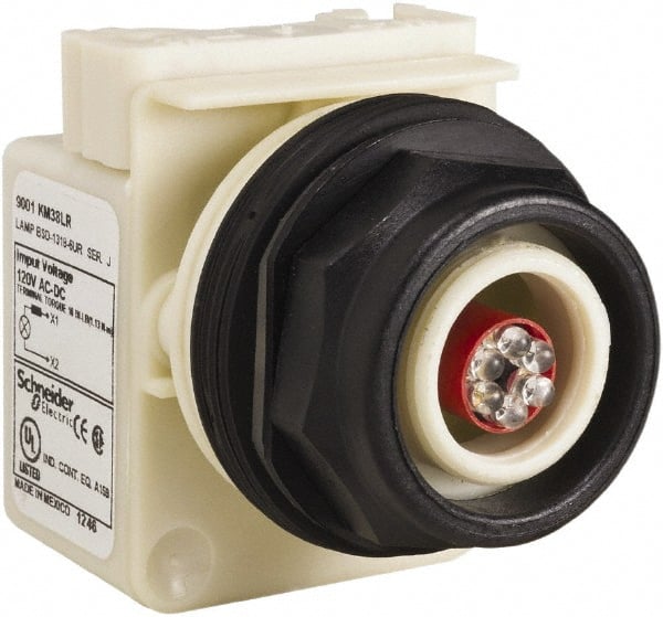 Schneider Electric - 120 V LED Indicating Light - Round Lens, Screw Clamp Connector, Corrosion Resistant, Dust Resistant, Oil Resistant - Exact Tooling
