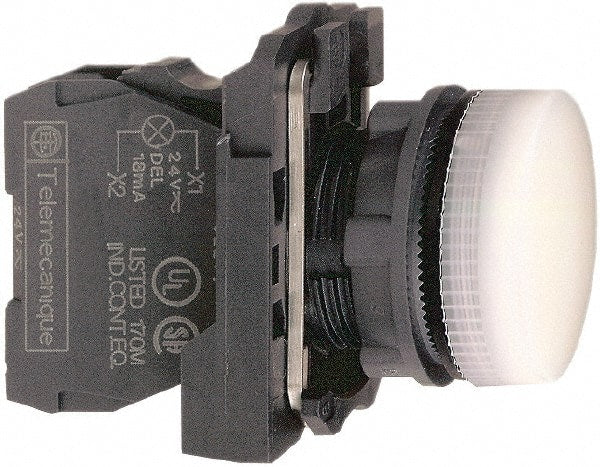 Schneider Electric - 24 VAC/VDC at 50/60 Hz White Lens LED Pilot Light - Round Lens, Screw Clamp Connector, 30mm Wide, Vibration Resistant, Water Resistant - Exact Tooling