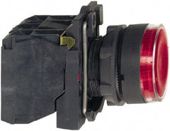 Schneider Electric - 22mm Mount Hole, Flush, Pushbutton Switch with Contact Block - Round, Red Pushbutton, Illuminated, Momentary (MO) - Exact Tooling