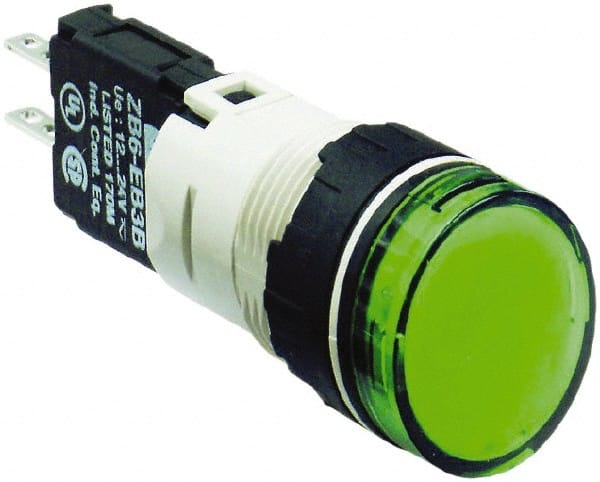 Schneider Electric - 12-24 VAC/VDC Green Lens LED Pilot Light - Round Lens, Quick Connect Connector, 18mm Wide, Vibration Resistant - Exact Tooling