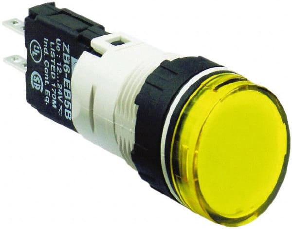 Schneider Electric - 12-24 VAC/VDC Yellow Lens LED Pilot Light - Round Lens, Quick Connect Connector, 18mm Wide, Vibration Resistant - Exact Tooling