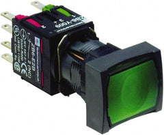 Schneider Electric - 16mm Mount Hole, Flush, Pushbutton Switch with Contact Block - Rectangle, Green Pushbutton, Illuminated, Momentary (MO) - Exact Tooling