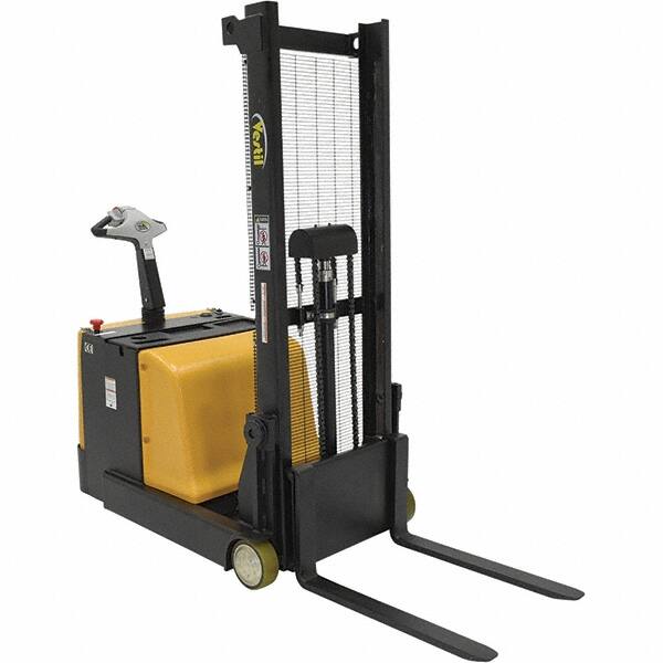 Vestil - 1,100 Lb Capacity, 62" Lift Height, Battery Powered Stacker - 1-3/16" Lowered Height, 30" Fork Length, 32" Overall Width - Exact Tooling