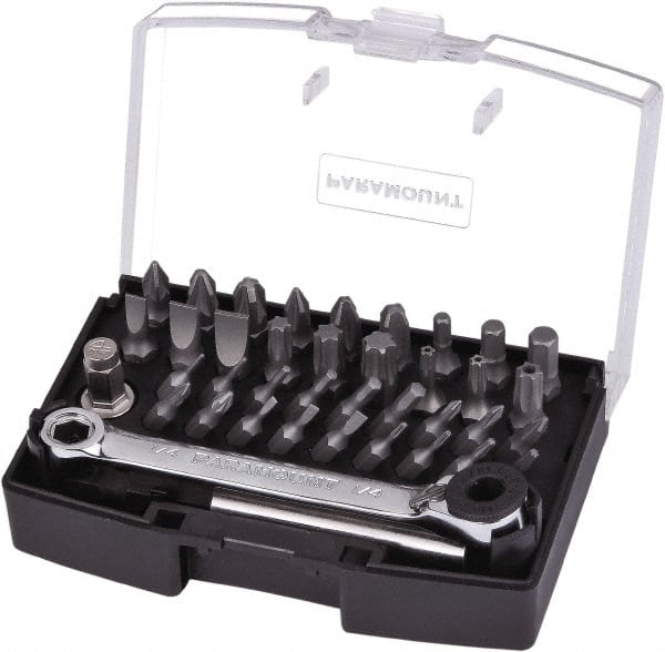 Paramount - 39 Piece, Screwdriver Bit Set - #000 to #3 Phillips, 0.7 to 5mm Hex, T4 to T40 & IP10 to IP27 Torx, #0 to #3 Pozidriv - Exact Tooling