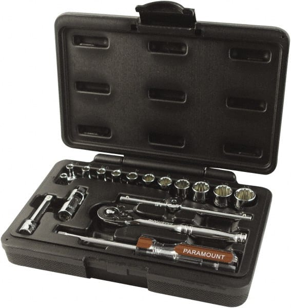 Paramount - 17 Piece 1/4" Drive Chrome Finish Socket Set - 12 Points, 4mm to 14mm Range, Metric Measurement Standard - Exact Tooling