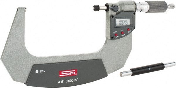 SPI - 4 to 5" Range, 0.00005" Resolution, Double Ratchet IP65 Electronic Outside Micrometer - 0.0002" Accuracy, Ratchet-Friction Thimble, Carbide Face, CR2032 Battery, Includes NIST Traceable Certification of Inspection - Exact Tooling