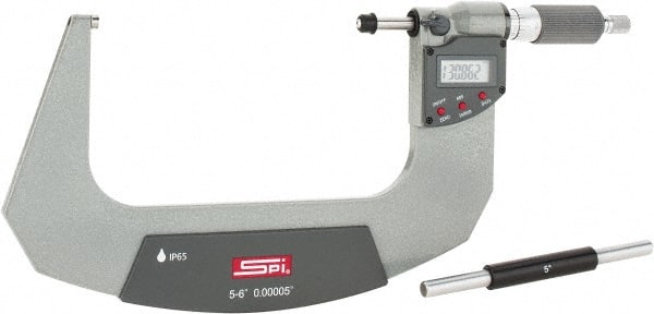 SPI - 5 to 6" Range, 0.00005" Resolution, Double Ratchet IP65 Electronic Outside Micrometer - 0.0002" Accuracy, Ratchet-Friction Thimble, Carbide Face, CR2032 Battery, Includes NIST Traceable Certification of Inspection - Exact Tooling