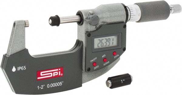 SPI - 1 to 2" Range, 0.00005" Resolution, Double Ratchet IP65 Electronic Outside Micrometer - 0.0002" Accuracy, Ratchet-Friction Thimble, Carbide Face, CR2032 Battery, Includes NIST Traceable Certification of Inspection - Exact Tooling