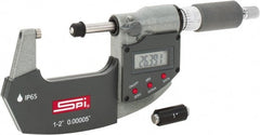 SPI - 1 to 2" Range, 0.00005" Resolution, Double Ratchet IP65 Electronic Outside Micrometer - 0.0002" Accuracy, Ratchet-Friction Thimble, Carbide Face, CR2032 Battery, Includes NIST Traceable Certification of Inspection - Exact Tooling