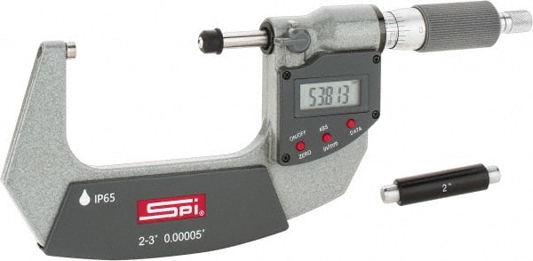 SPI - 2 to 3" Range, 0.00005" Resolution, Double Ratchet IP65 Electronic Outside Micrometer - 0.0002" Accuracy, Ratchet-Friction Thimble, Carbide Face, CR2032 Battery, Includes NIST Traceable Certification of Inspection - Exact Tooling